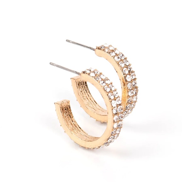 Cash Flow – Gold and White Rhinestone Hoop Earrings Paparazzi - Picture 2 of 2